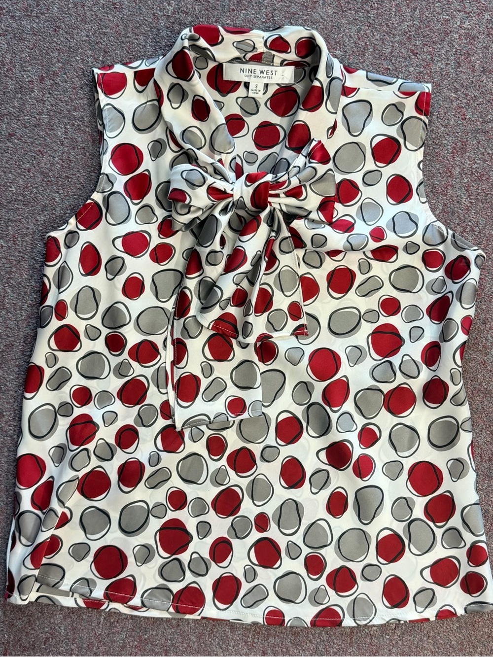 Nine West Polka Dot Bow-Neck Blouse in Red, Gray & Cream